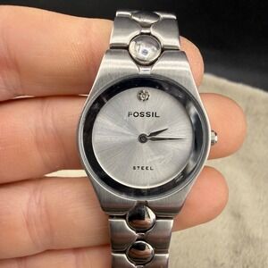 Vintage Fossil Steel Watch Silver Tone Arkitekt UNTESTED 6.5"